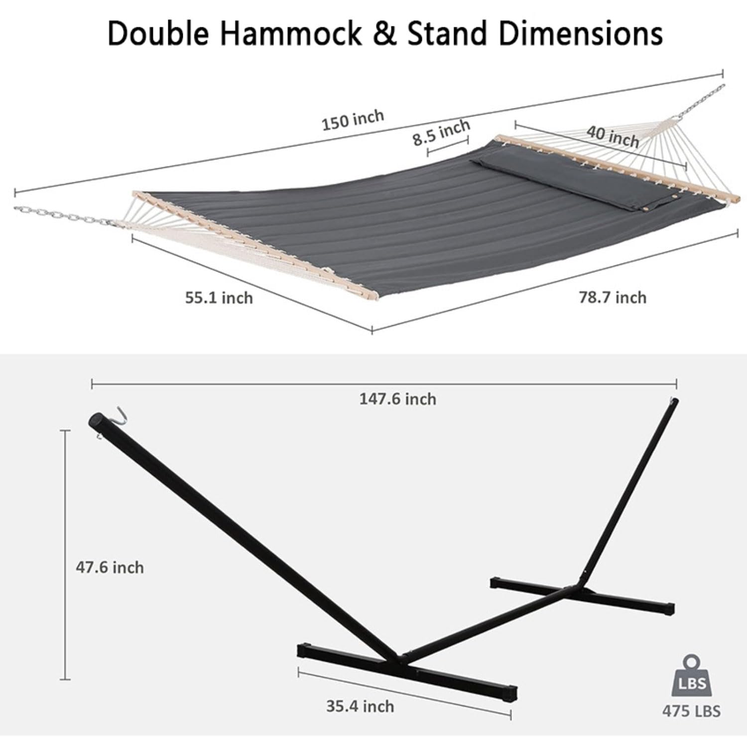 Hamac double avec support – Hamac portable robuste pour une utilisation en extérieur et intérieur, capacité de 250 kg, corde en coton avec rembourrage matelassé et barres d'épandage en bois dur