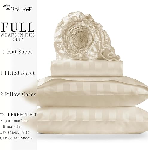 Miniatura 4 de URBANHUT Sábanas de damasco de 1000 hilos tamaño matrimonial de damasco de 1000 hilos, sábana de 4 piezas a rayas, tejido satinado de hotel de lujo,