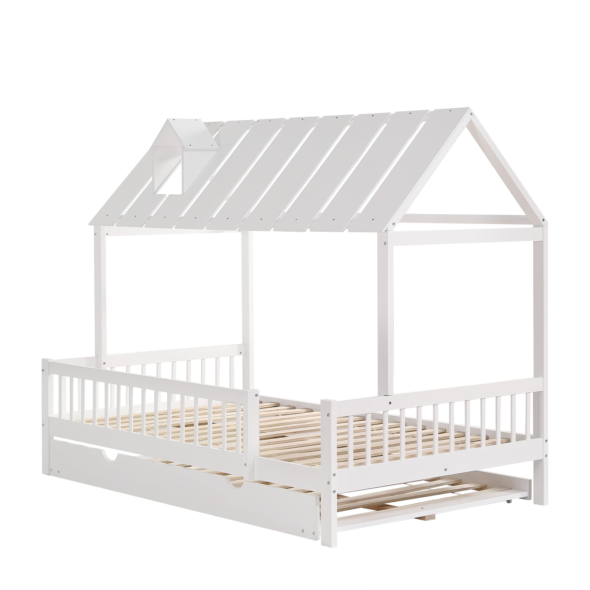 LAKFEW Cama Casita Cama Infantil 120x200 cm con Cama Nido, Camas Montessori Infantil con Techo y Barandilla de Seguridad, Camas Infantiles para 2 Niños, Blanco, Sin Colchón