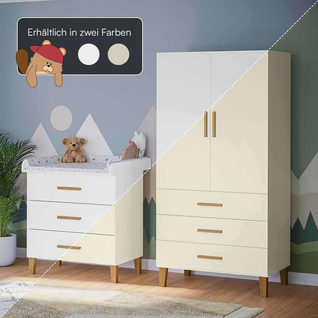 Bellabino Liri Kinderzimmer Set – 2-teiliges Babyzimmer Set mit Kinderkleiderschrank & Wickelkommode in Weiß/Natur – Wickeltisch mit abnehmbaren Wickelaufsatz & Kleiderschrank für Kinderzimmer