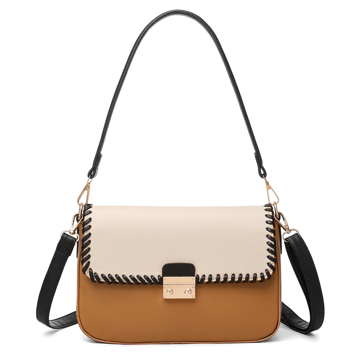 Color Block Shoulder Bag with Whipstitch Detail, Cream and Tan, Crossbody Strap, Gold Hardware-image-20