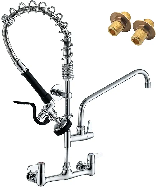 CENOSA Commercial Sink Faucet Wall Mount with Pre-Rinse Sprayer – 8 Inch Center Wall Mount Sink Faucet, 25" Height, 12" Swing Spout, Pull Down Sprayer for Industrial & Restaurant Sinks