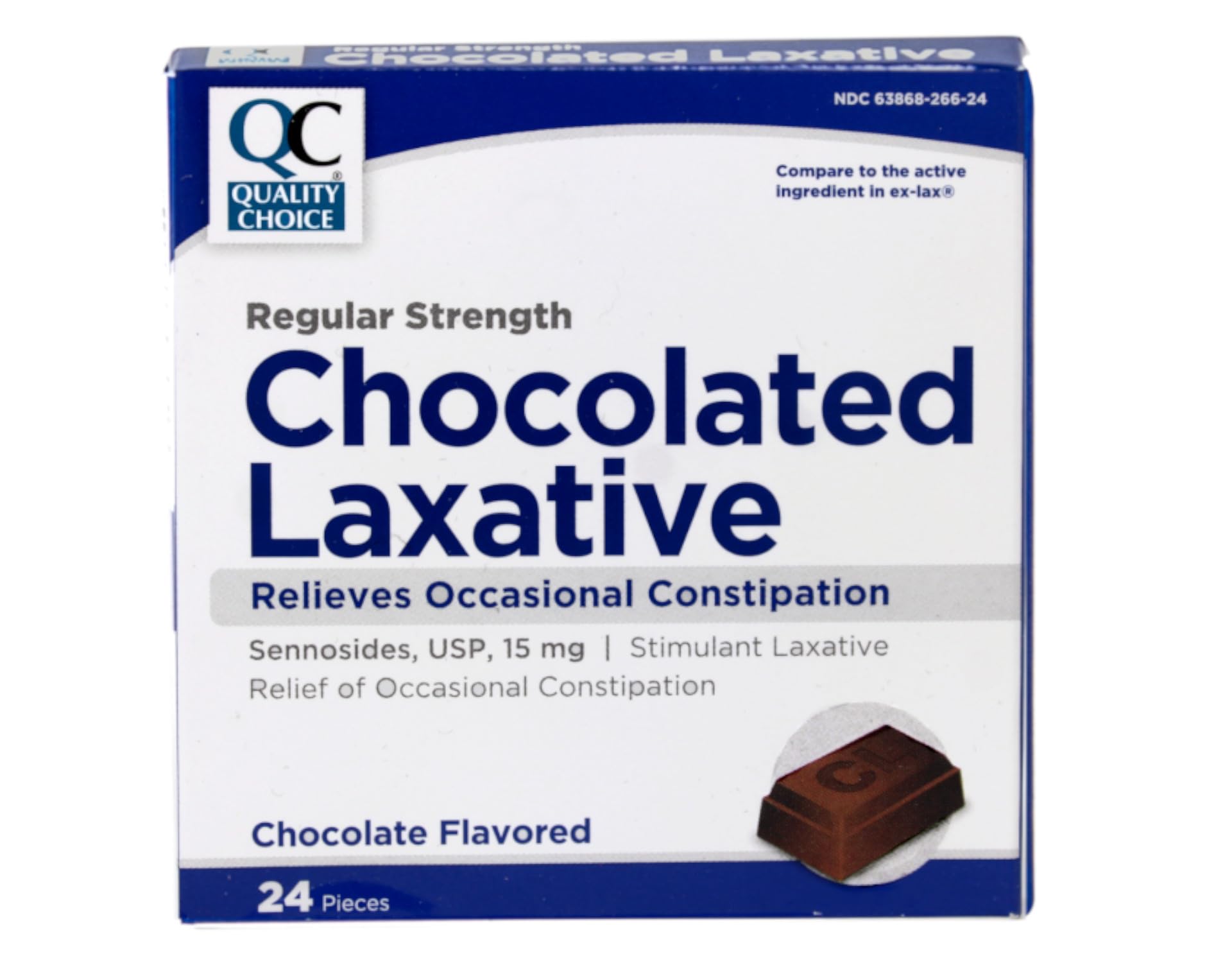 Quality Choice QC Chocolated Laxative, Regular Strength, 15 mg Sennosides USP, Chocolate Flavored Chewable Stimulant Laxative, 24 Pieces