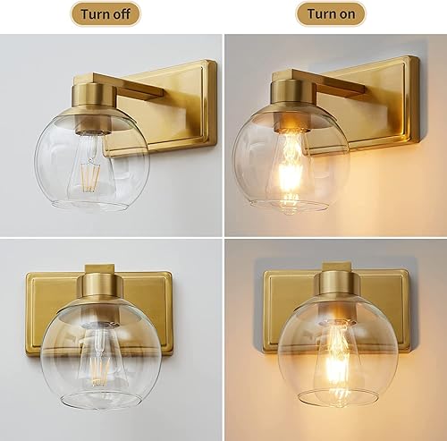 Miniatura 5 de Juego de 2 apliques de baño de latón cepillado, juego de dos apliques de pared dorados, lámpara de tocador de baño con pantalla de vidrio