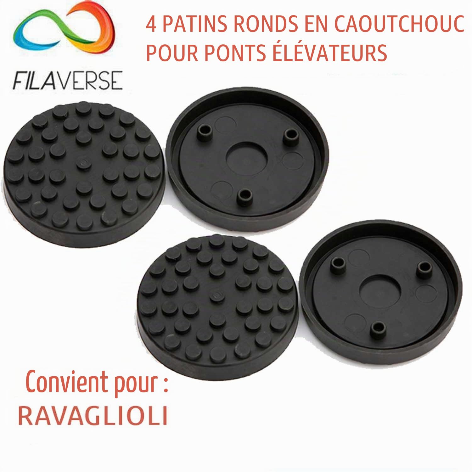 Lot de 4 Tampons Ronds en Caoutchouc Plein ø120/110 mm H27 3 Goujons pour Pont Élévateur à 2 Colonnes — Compatibles Ravaglioli