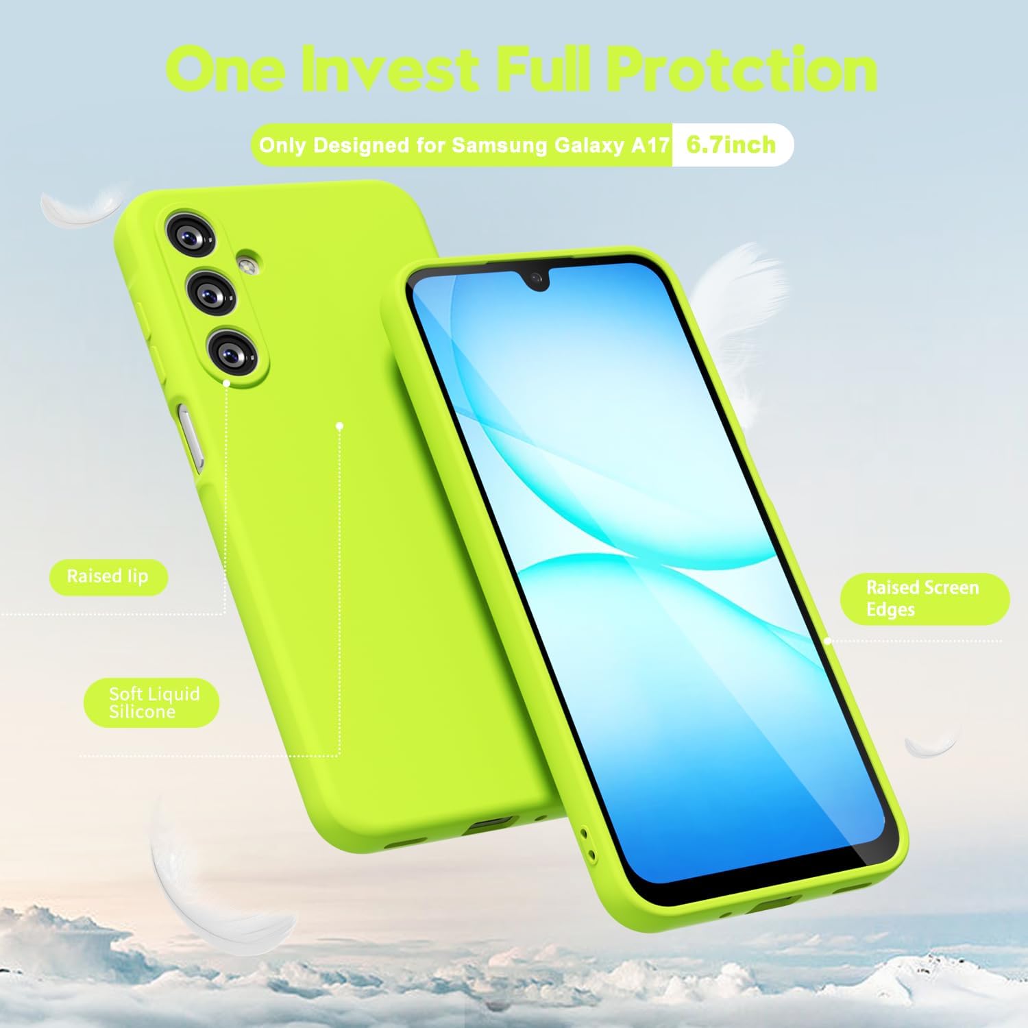 oakxco for Samsung Galaxy A17 5G Case Silicone, Thin Slim Grip Soft Rubber Gel Protective Phone Case for Women, Matte Plain Bright Color Aesthetic Cute Girly Case with Camera Cover, Neon Green Lime image 3