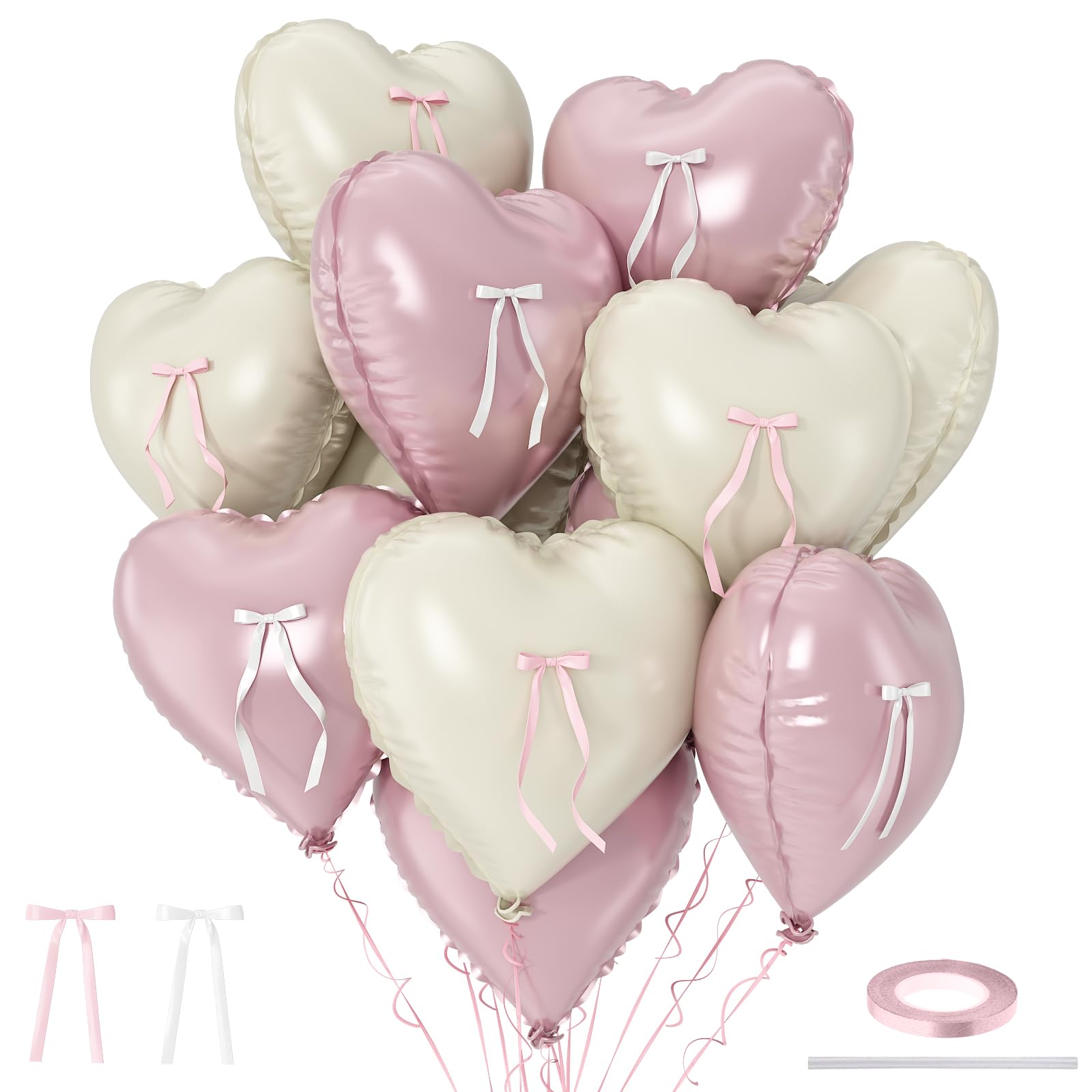 Pink White Heart Balloons with Ribbon Bow, 10 Pcs Baby Pink Cream Heart Shape Foil Balloons, 18In Pastel Nude Light Rosa Helium Balloon with Bow Decor for Girl Baby Shower Women Birthday Bridal Shower โ image 1