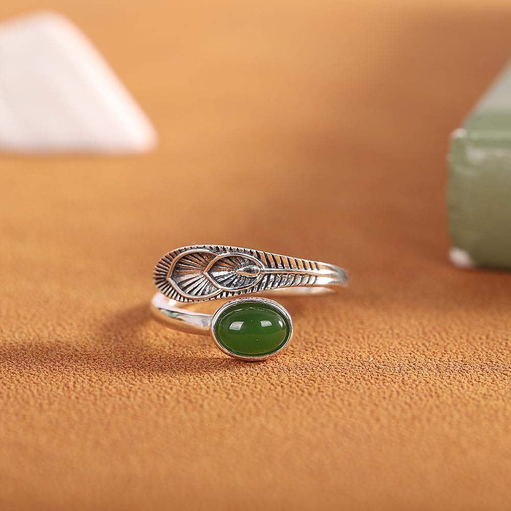 Feather Ring, Vintage 925 Sterling Silver Green Jade Open Adjustable Rings for Women Size 6 to 8.5