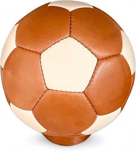 Miniatura 4 de Geoffrey Balón de fútbol vintage de 32 paneles, 100% cuero de vaca con base de madera, bronceado y cremoso, tamaño 5, fútbol retro cosido a mano
