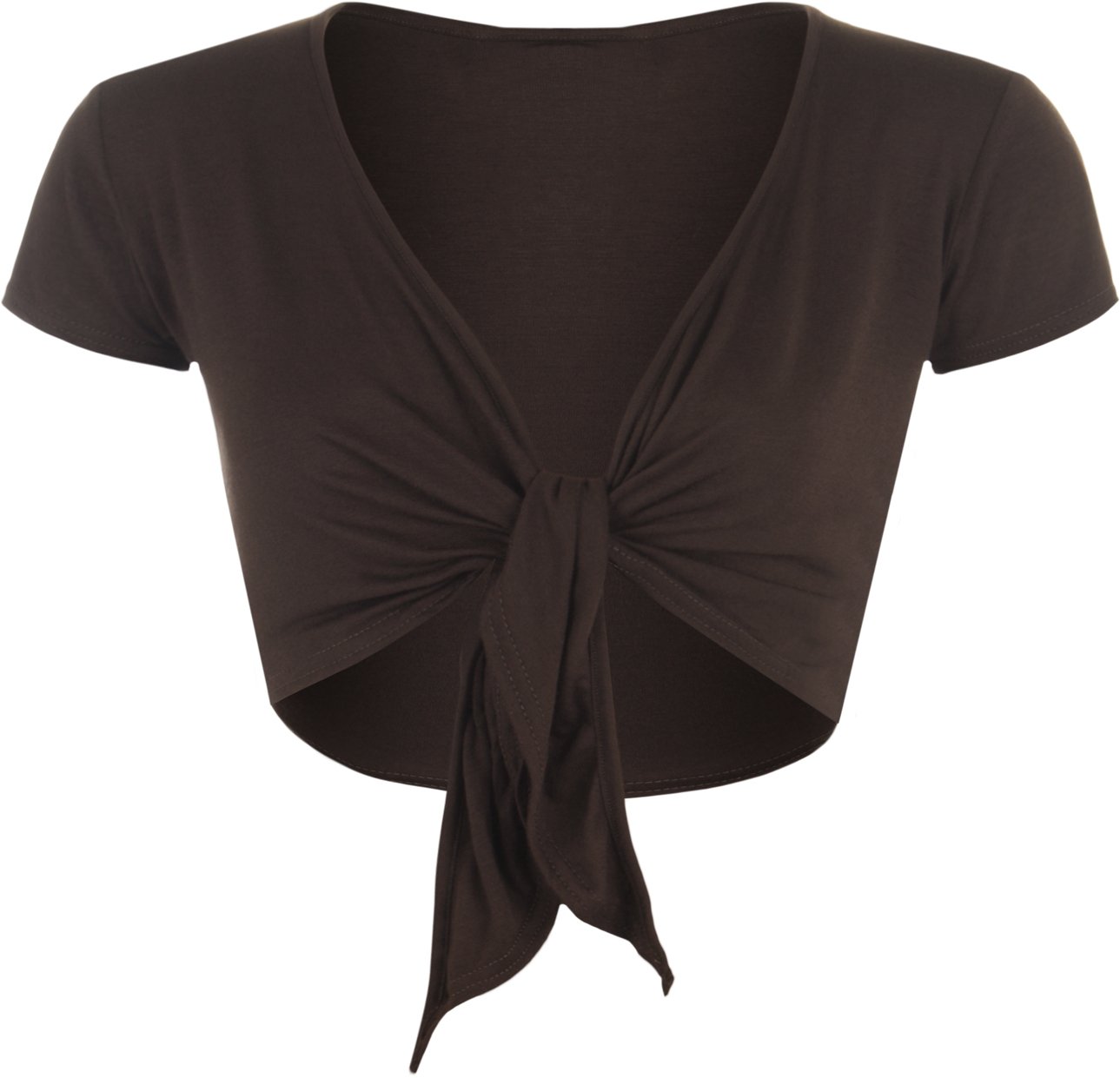 WearAll New Ladies Tie Up Shrug Crop Top Womens Short Sleeve Stretch Open Top Dark Brown 20-22