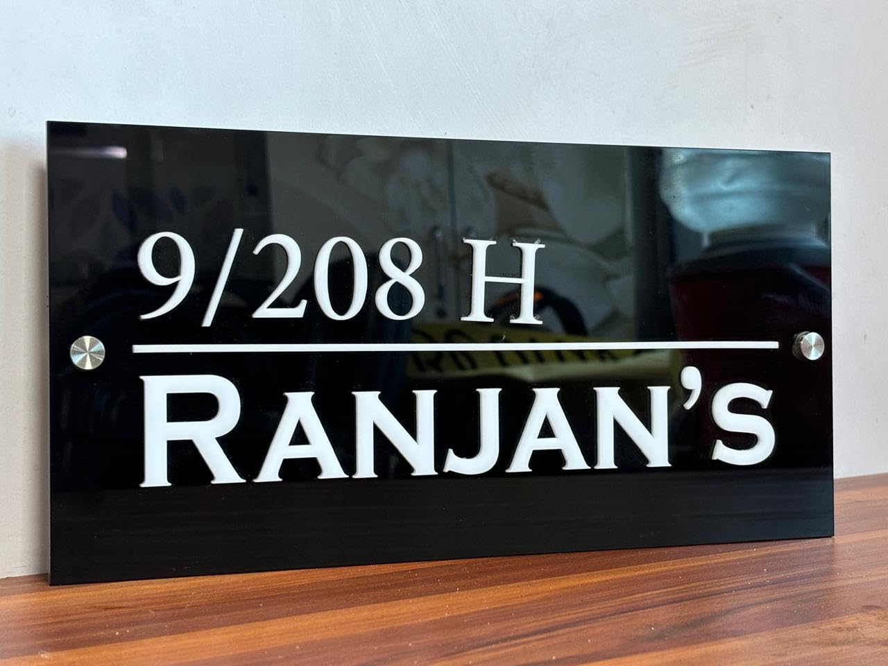 Customize Black Name Plate for Flat/Home Lazer Cut White Acrylic Letter Size(12x6) inch Horizontal Line.