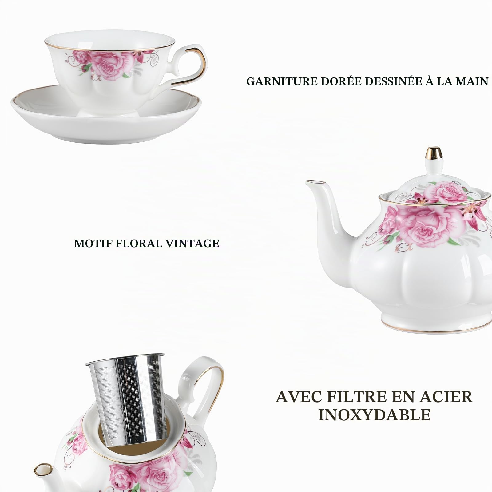 Sweejar Home Service à thé 21 pièces en porcelaine vintage à motif floral pour adultes, avec théière, sucrier, pichet et cuillères pour thé/café, convient pour les fêtes (fleur)