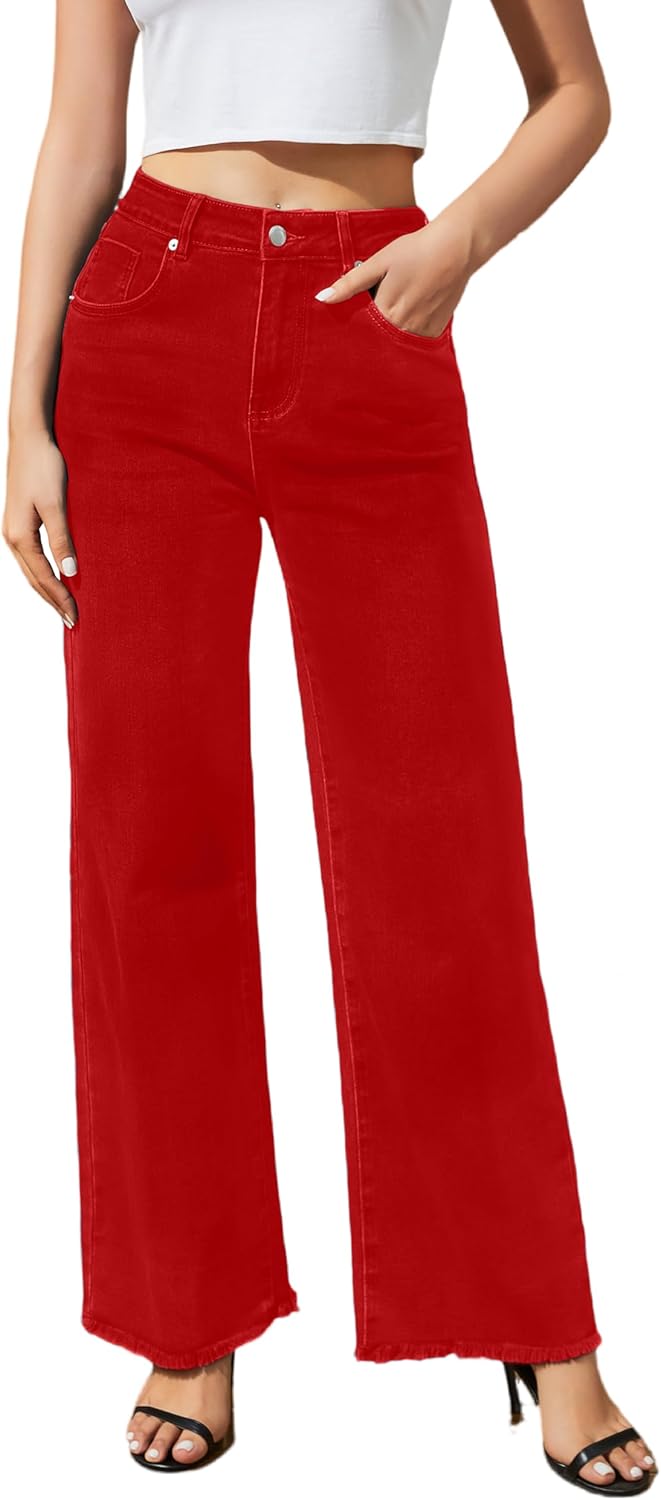 Guaile Women’s Wide Leg Jeans High Waisted Strechy Jeans for Women Straight Raw Hem Loose Casual Denim