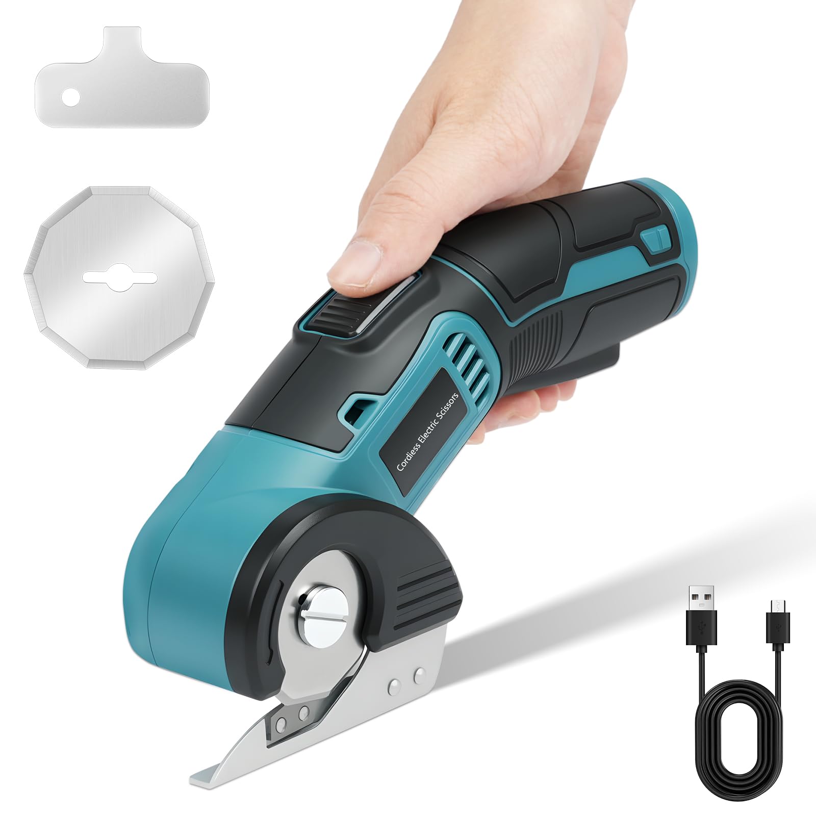 Flintronic Ciseaux Électriques Sans Fil, Cutter Rotatif Électrique avec 2 Lames, Ciseaux Electrique Tissu Couture avec Verrouillage de Sécurité, pour Tissu, Papier, Carton, Cuir, Tapis