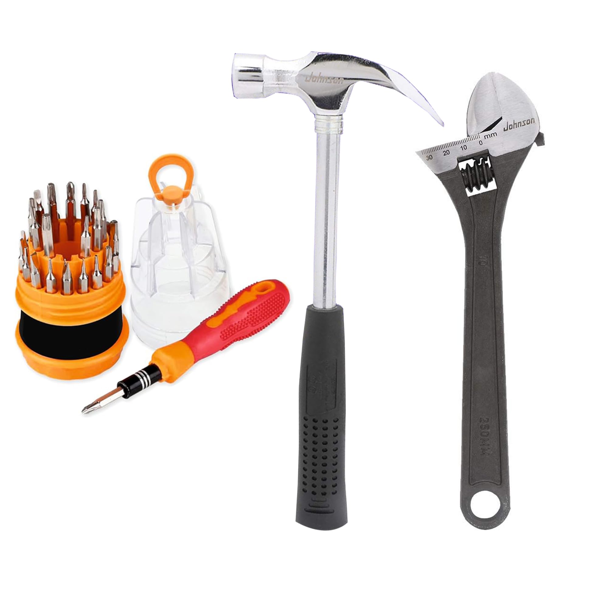 SuzecJohnson Advance Home Kit 5-Pieces Screwdriver Kit (Multicolour) & Adjustable Wrench (200 mm) & Claw Hammer Steel Shaft