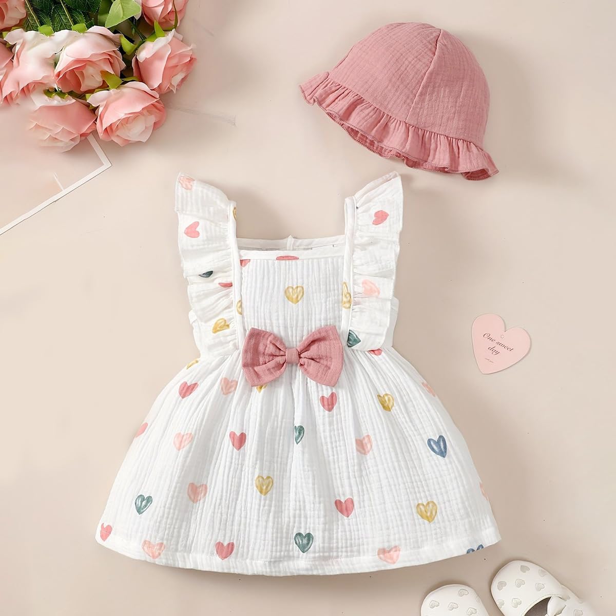 Conjunto Vestido y Gorro para Niña Pequeña Mangas con Volantes Estampado de Corazones/Flores de Algodón Lino Ropa de Primavera Verano - 4