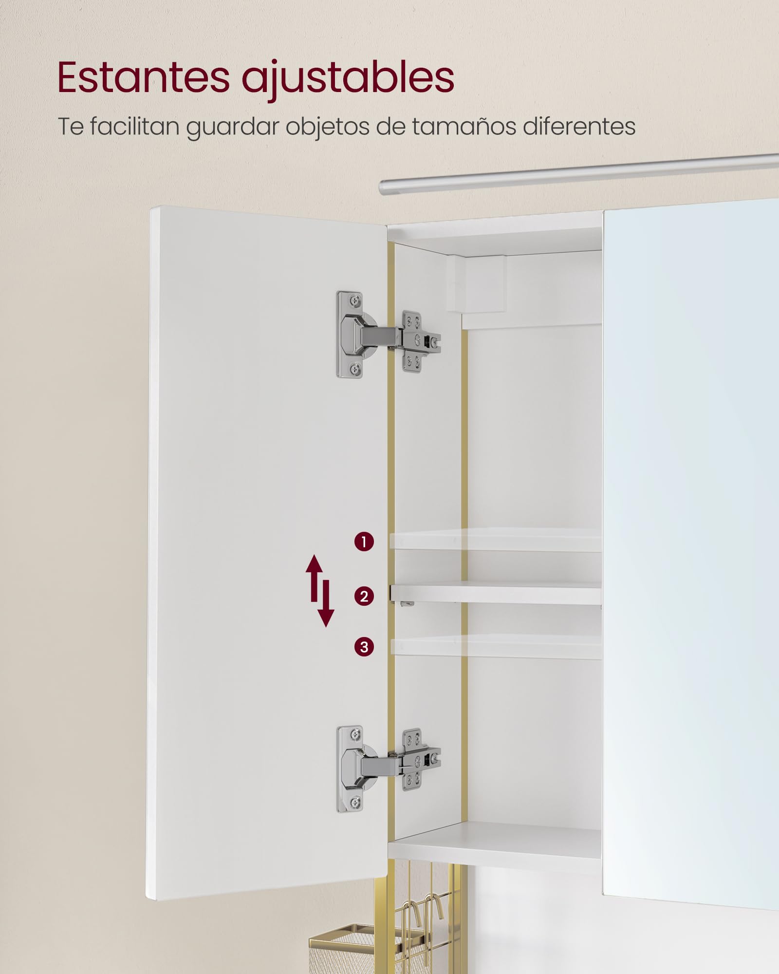 VASAGLE Armario de Baño con Espejo y Luz LED, Mueble de Pared, 3 Puertas