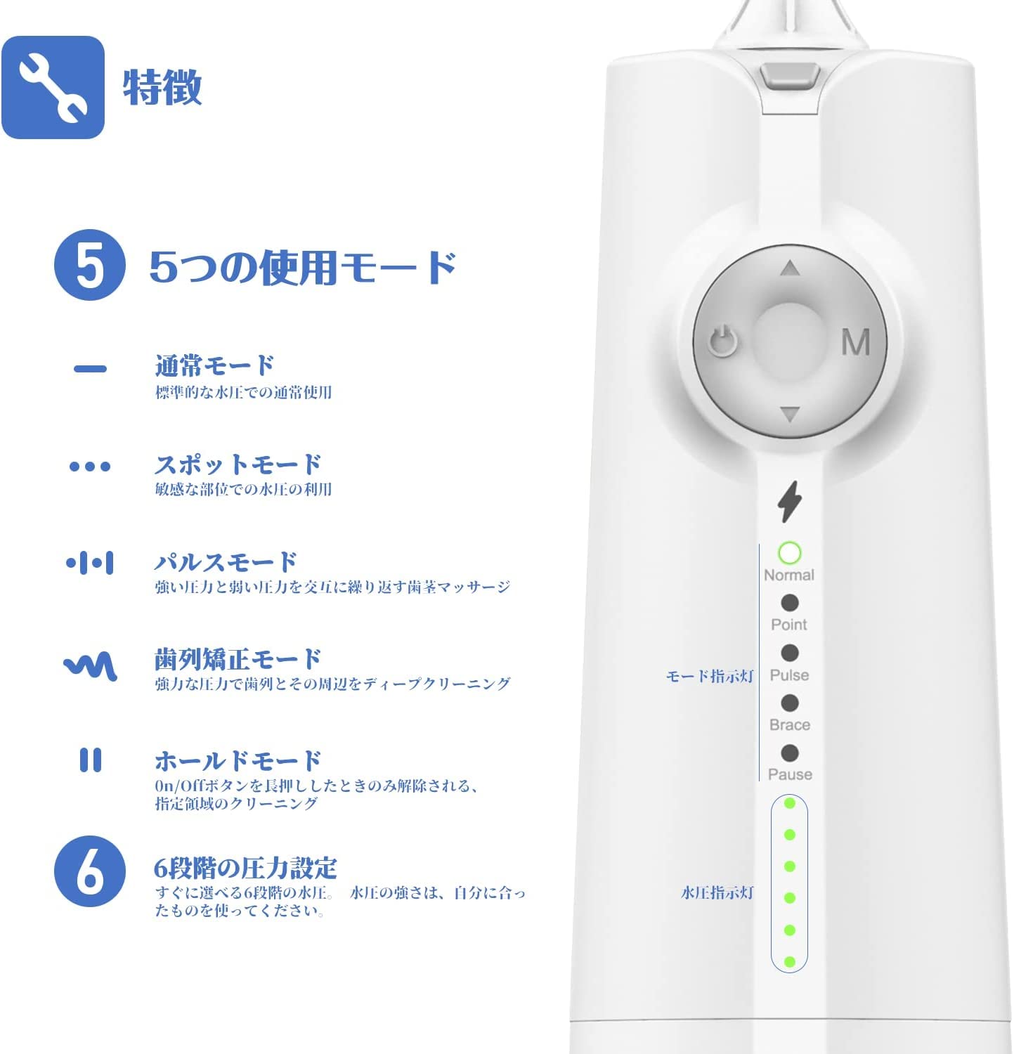 Jet Dentaire Hydropulseur Jet Dentaire Portable 5 Modes 5 Buses de Rechange 6 Pressions Réglables Irrigateur Oral Professionnel Réservoir 230ml IPX7 étanche rechargeable de Voyage Blanc
