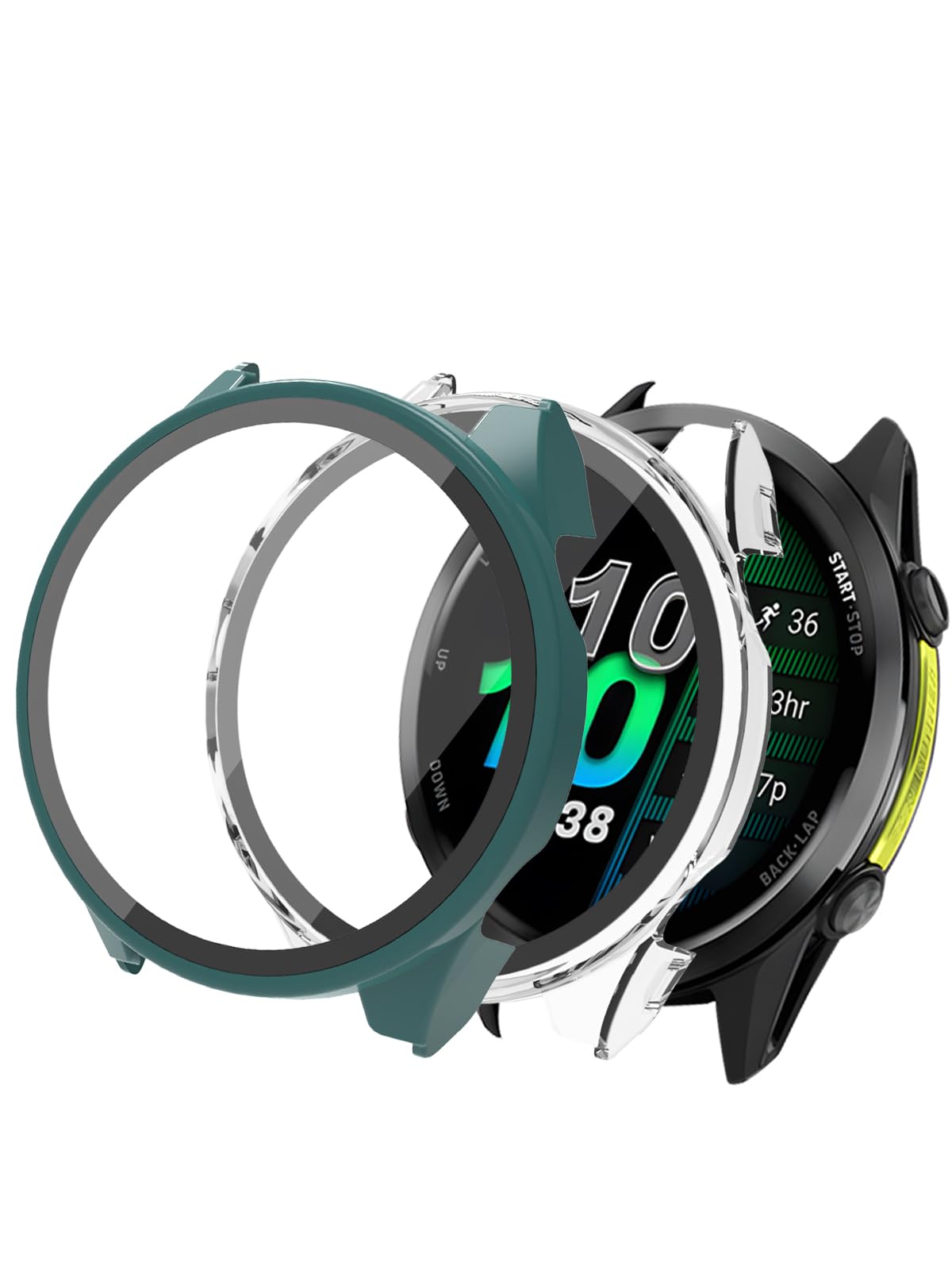 Case for Garmin Forerunner 970 Premium Running Smartwatch,WUNIAK Hard PC Screen Protector for Garmin 970,9H Tempered Glass Ultra-Thin Full-Coverage Shockproof Bumper,(2Pack,Transparent+Green)