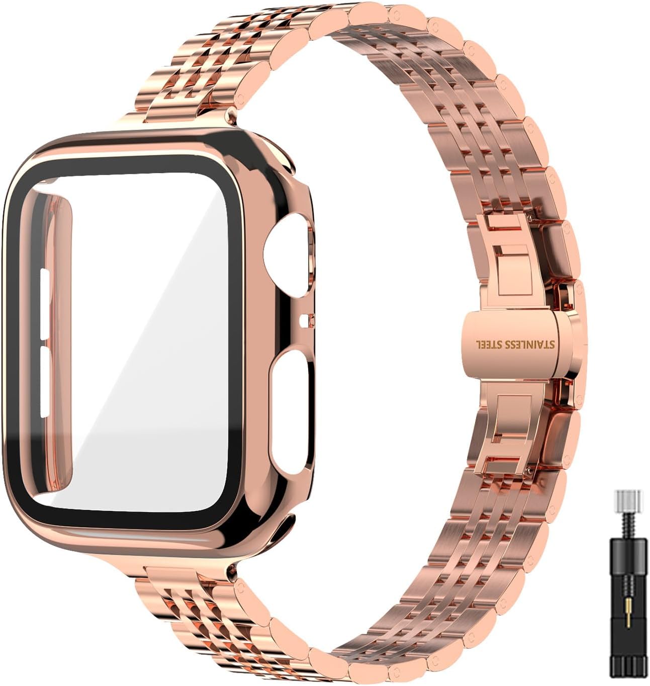 Thin Women Band Compatible with Apple Watch 38mm 40mm 41mmm 42mm 44mm 45mm with Face Cover, Stainless Steel for Metal iwatch Band Series 9 8 7 6 5 4 3 2 1 SE. 40mm Rose Gold