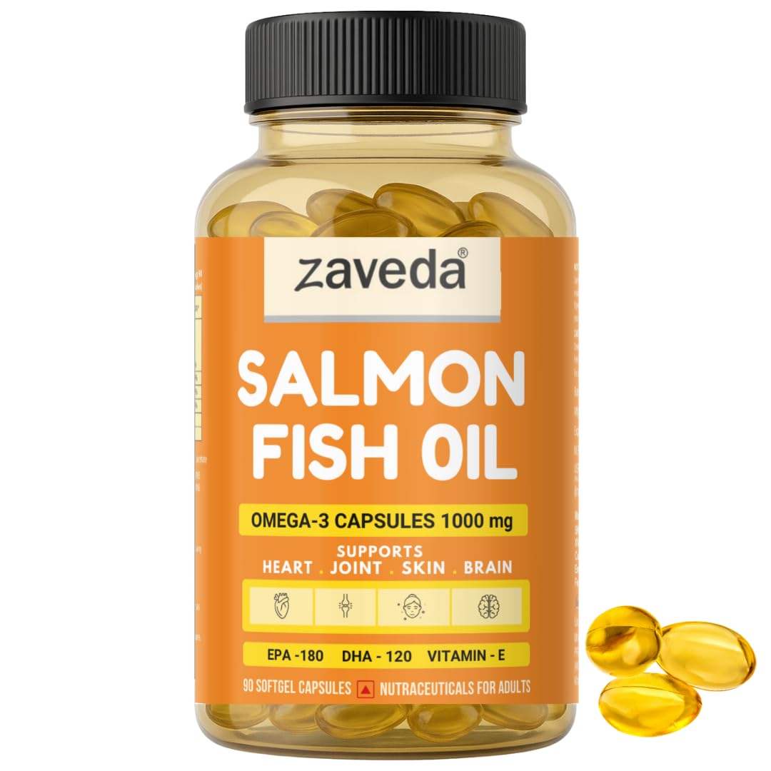Salmon Omega 3 Fish Oil Capsules 1000 mg 90 Caps. with 300 mg (DHA+EPA) and Vitamin E | Fish Oil supplement | omega 3 fatty acids for Heart, Brain, Skin & Joints From Salmon | No Fishy Burps.
