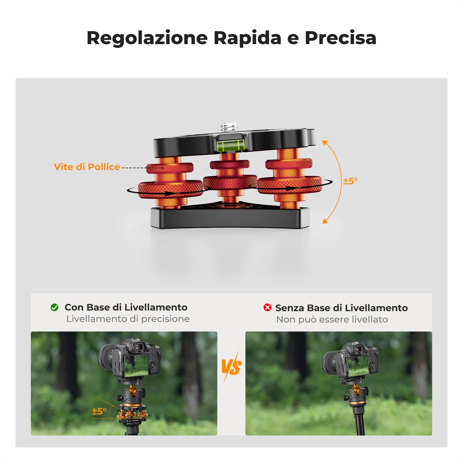 K&F Concept Base di Livellamento per Treppiede Fotocamera, Base in Alluminio con Vite da 3/8" e Adattatore a Vite da 1/4" a 3/8", Regolazione Precisa dell'angolo di ±5° per Fotografia Panoramica Micro