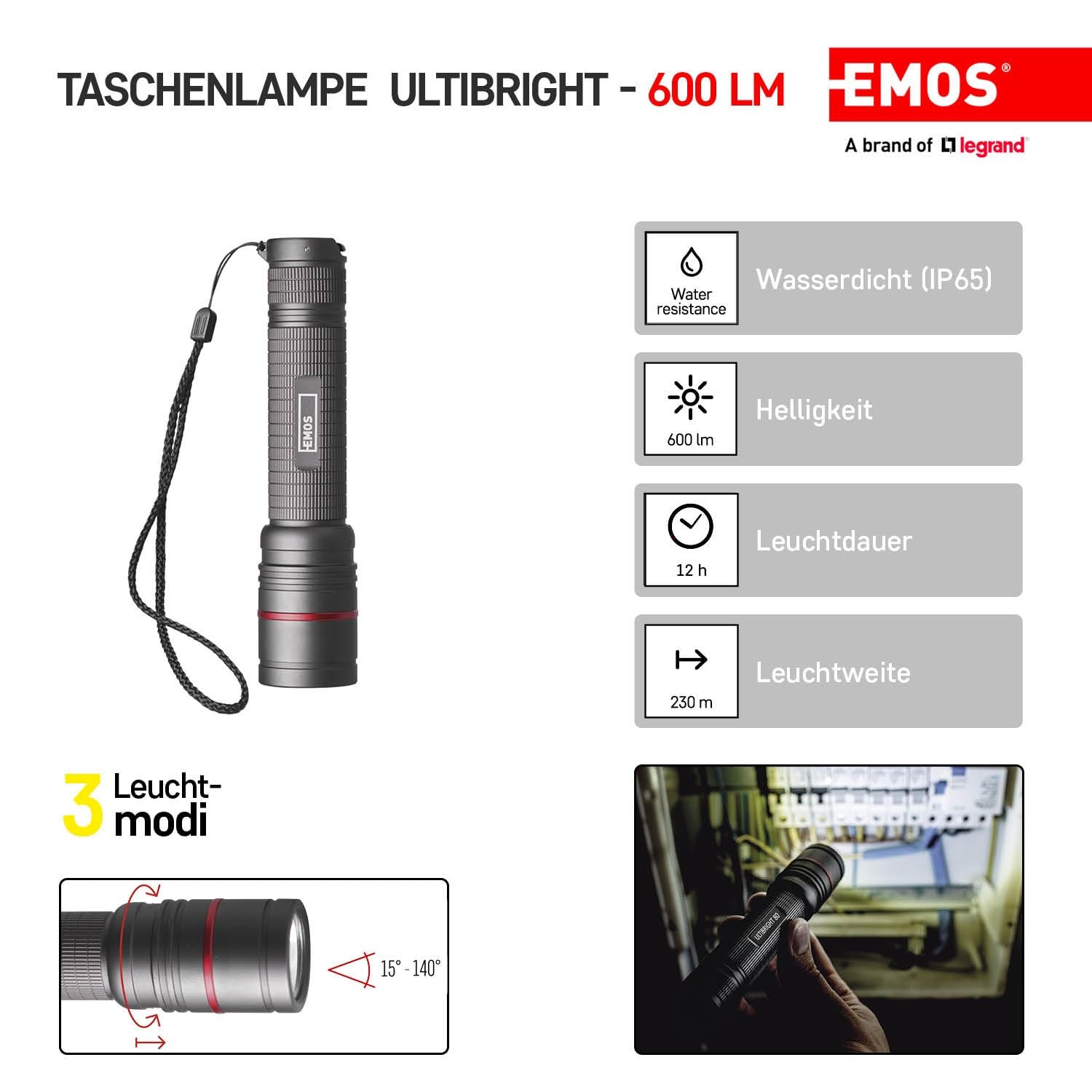 EMOS Latarka metalowa do wielokrotnego ładowania z ostrością, bardzo jasna latarka taktyczna CREE LED o zasięgu 230 m, wodoszczelna latarka akumulatorowa z 3 trybami świecenia, taśma i worek, czarna, ULTIBRIGHT