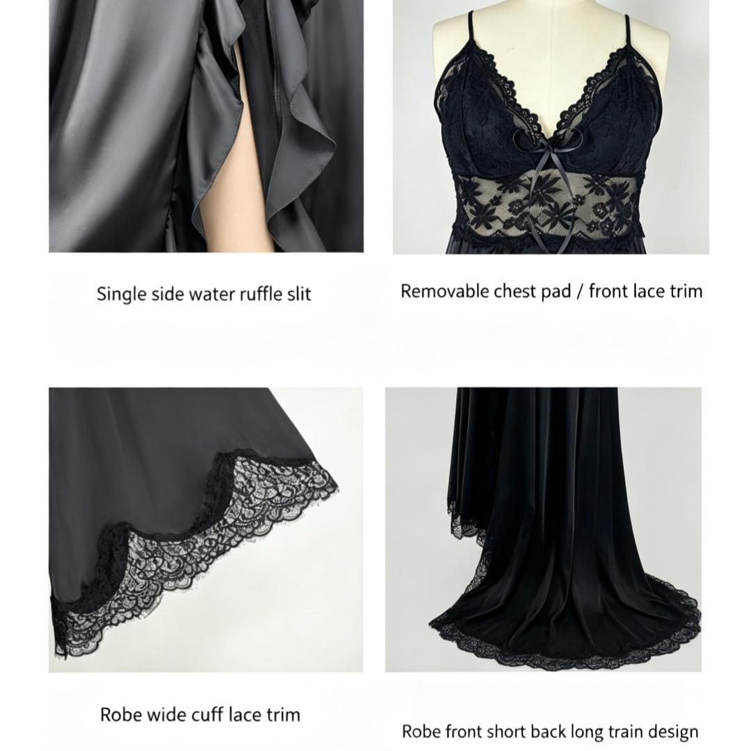 Nuisette Robe Longue De Style Cour pour Femme en Dentelle Décolleté en V Profond Fines Bretelles Traîne Et Manches Larges. Ensemble Nuisette.