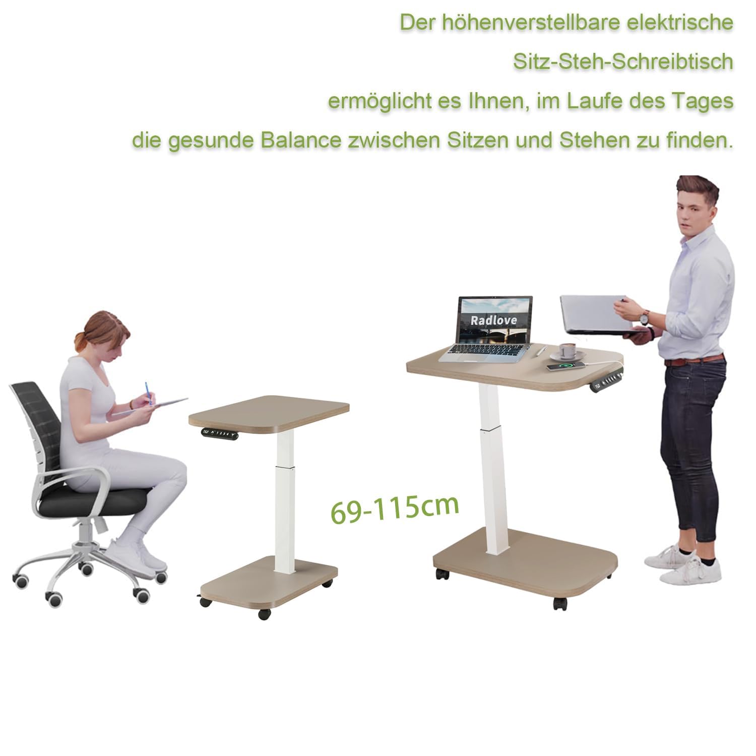 Radlove elektrisch höhenverstellbarer Schreibtisch mit USB-C & LED-Anzeige, 71×46 cm Stehpult mit Rollen, mobiler höhenverstellbarer Laptoptisch, Khaki