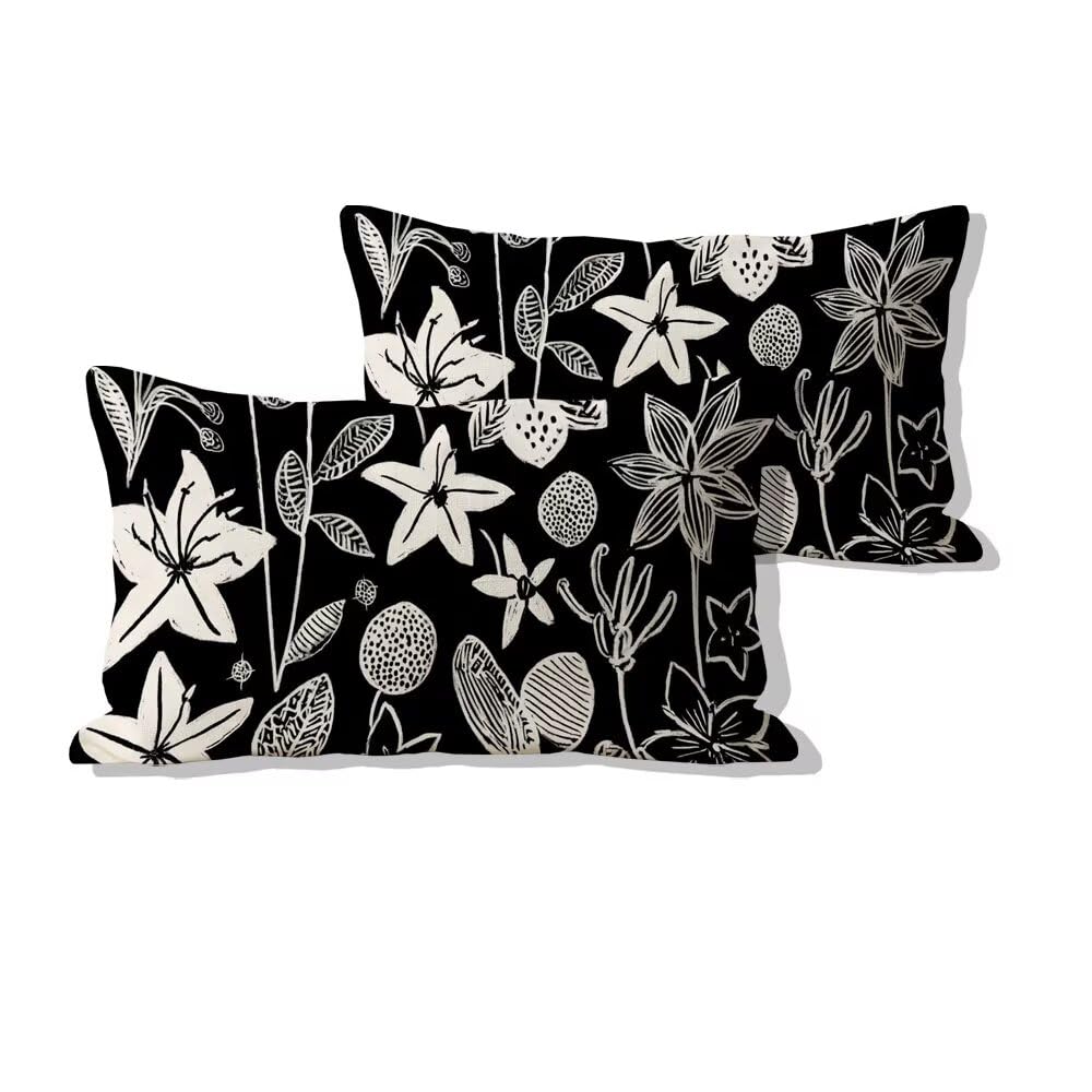 Housse de coussin extérieure imperméable 50x90cm noir fleur en lin rectangle pour salon de jardin