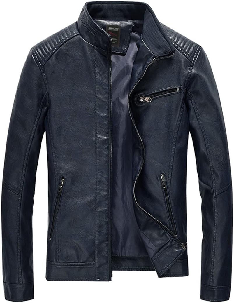 Men PU Leather Jacket Solid Faux Leather Coat Slim Fit Motorcycle Leather Jacket Outwear
