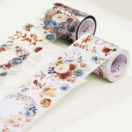 Miniatura 4 de WT Cinta de PET ancha azul polvoriento y canela, un solo rollo, diseños originales, cinta decorativa floral, cinta transparente para manualidades