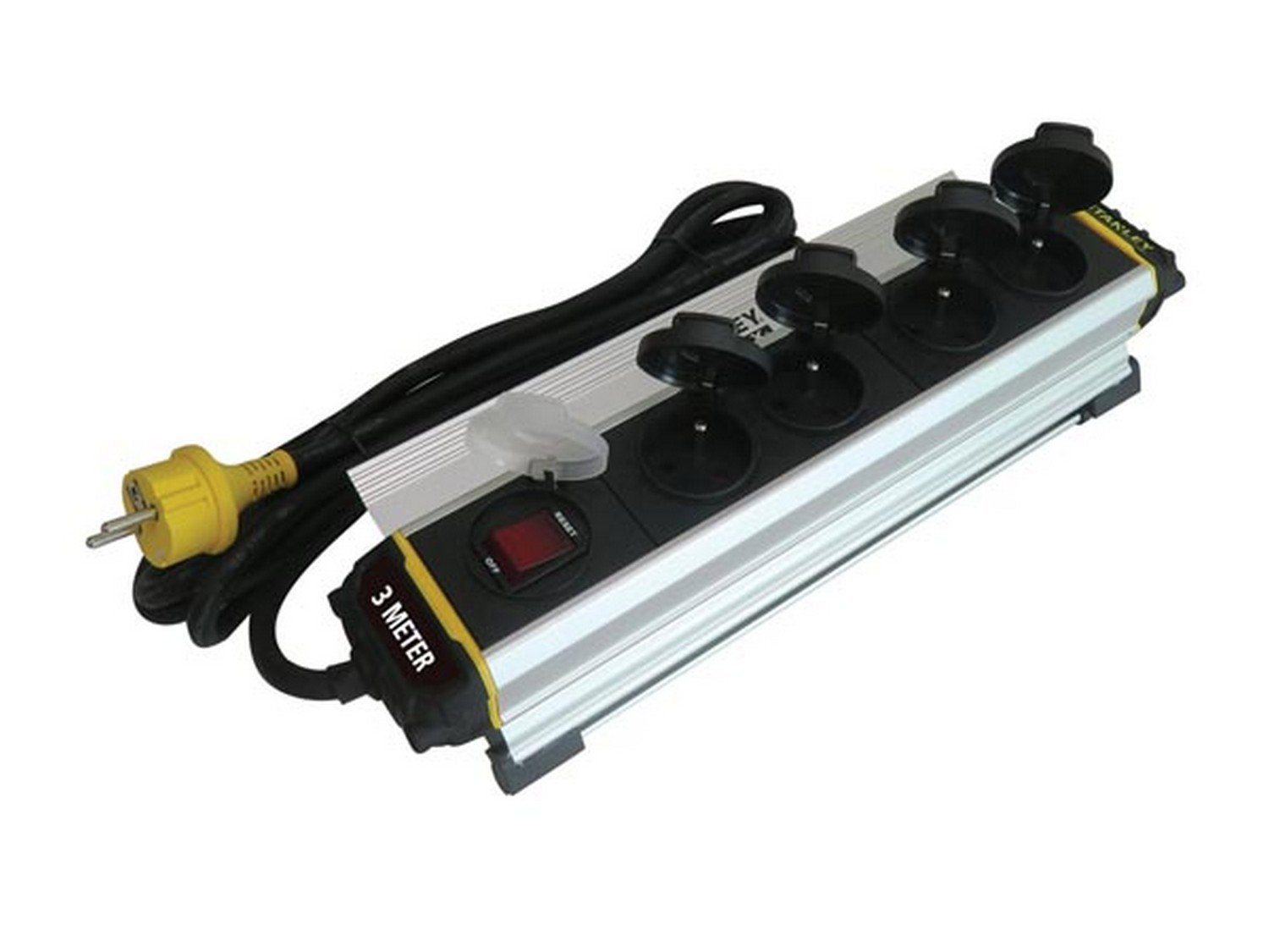 Bloc Chantier Aluminium Extrudé 4 Prises 16A+T avec clapets, IP44. Câble HO7RN-F 3G1, 5mm², Longueur 3M. Pince renforcée Aluminium. Interrupteur avec Protection Contre Les Surtensions
