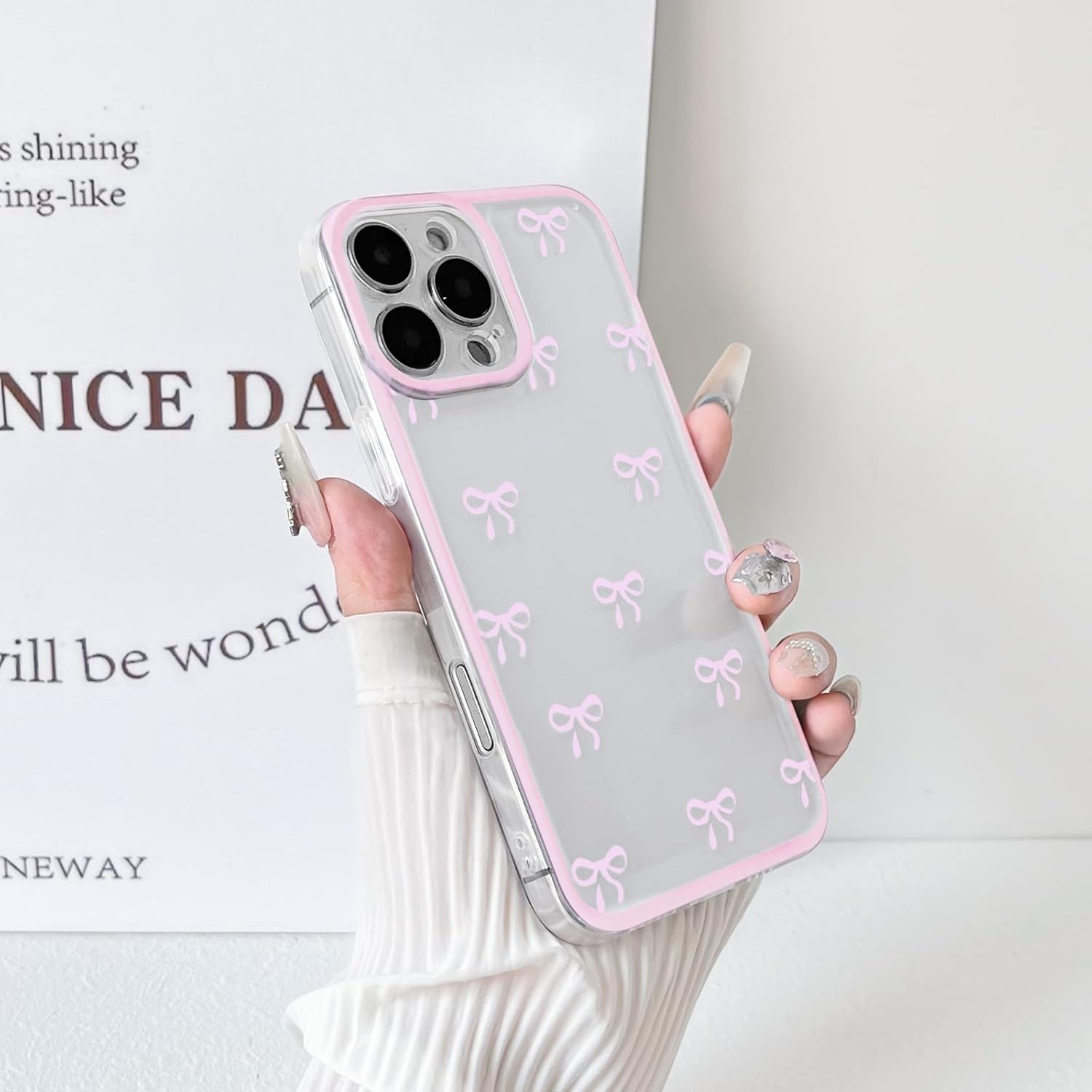 NITITOP Compatible with iPhone 16 Pro Case Cute Clear Durable Ribbon Bowknot Pattern for Girls Women Soft TPU Transparent Full Camera Lens Shockproof Protective Phone Cover - Pink - Image 5