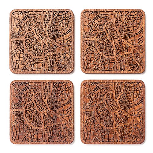 Nashville, TN Posavasos Mapa, Conjunto de 4, montaña de madera Sapele con mapa de la ciudad, Hecho a mano