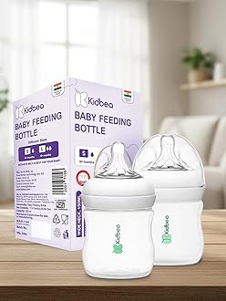 Kidbea® Natural Baby Feeding Bottle 150 ML | Wide Neck, Soft Silicone Nipple, BPA-Free, Leak-Proof, Ideal for Newborn & Infant Babies (Pack of 2)
