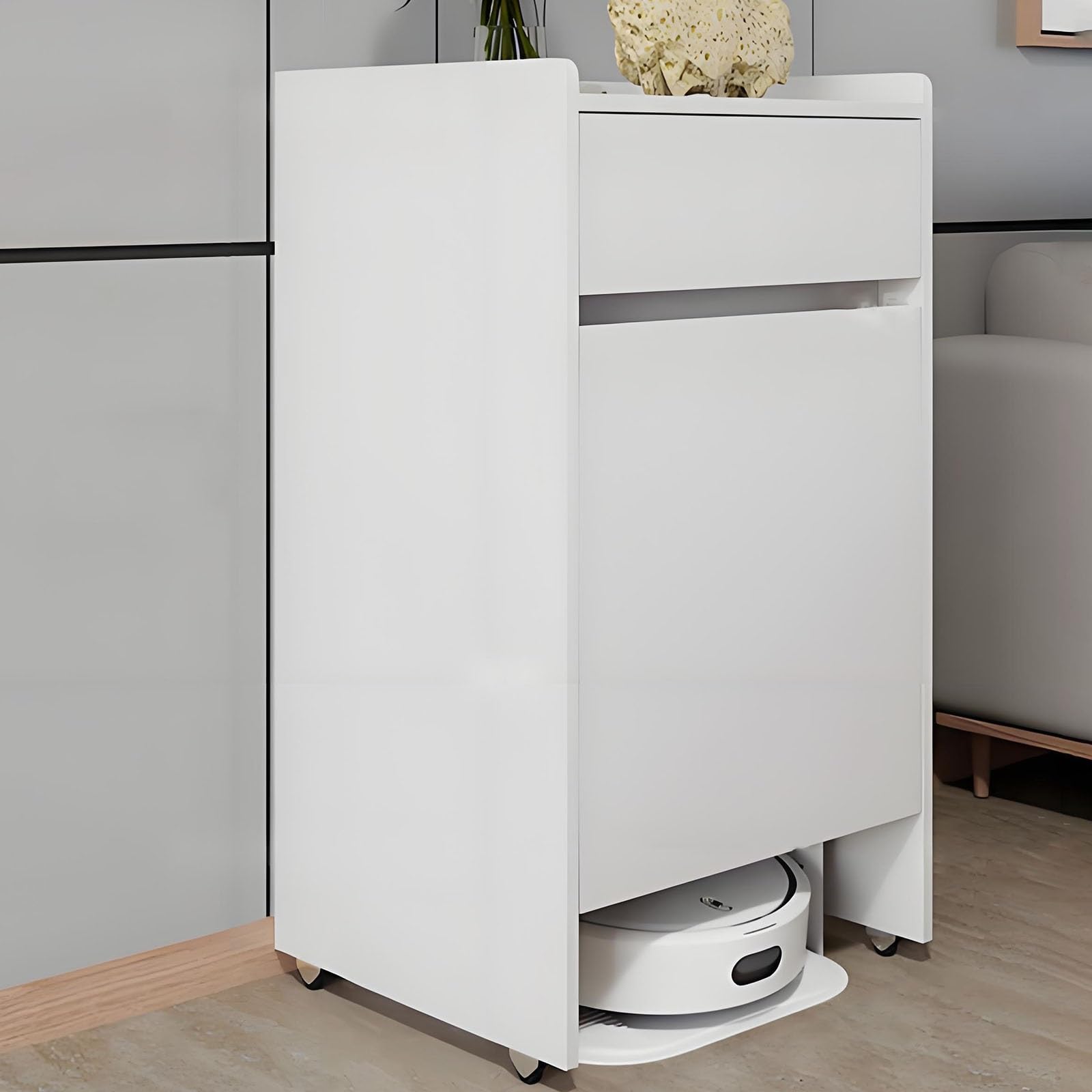 Meuble de rangement blanc pour aspirateur robot avec portes et tiroirs mobiles