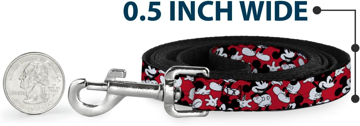 Buckle-Down Pet Leash - Mickey Mouse Poses Scattered Red/Black/White - 6 Feet Long - 1" Wide