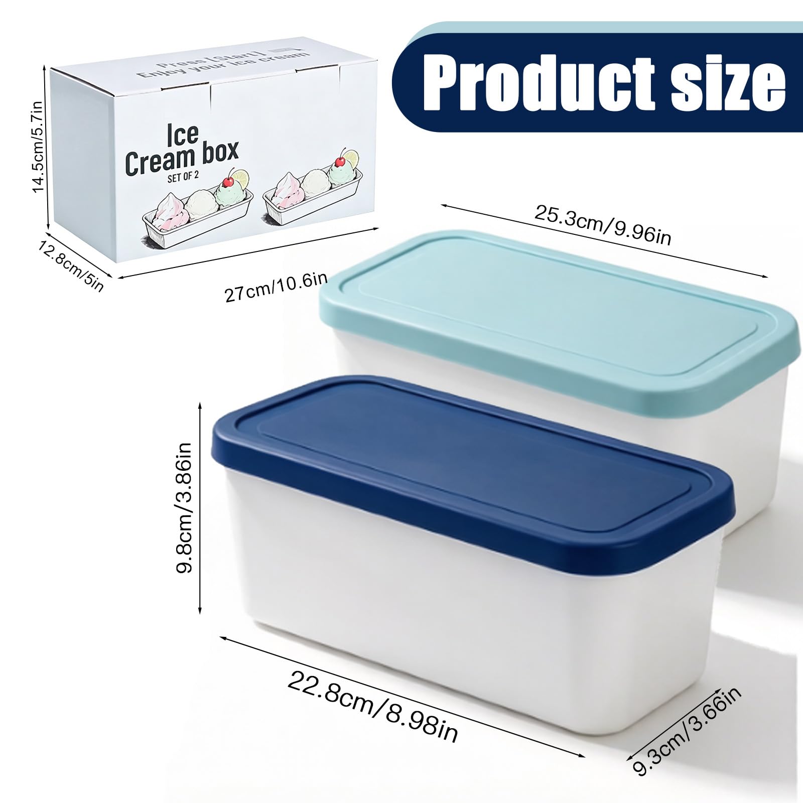 2 recipientes rectangulares para helados con tapas, 2 litros, reutilizables, para sorbetes, yogur, postres, sin BPA