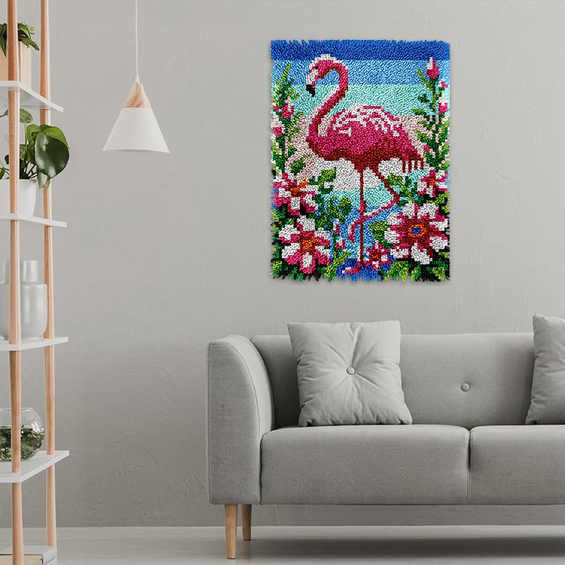 Image of veirousa Flamingo Floral Latch Hook Kits for Adults, Beginners Birds Latch Hook Rug Starter Kit Pre-Printed Carpet Making Set DIY Handmade Wall Hanging Craft for Home Decoration 20x15 inch