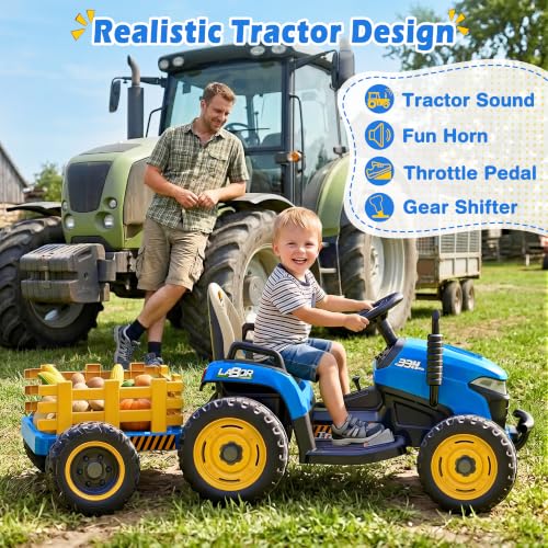 Image of ARBELI 24V Ride On Tractor w /2.4G Remote Control, Tiltable Trailer, Blue