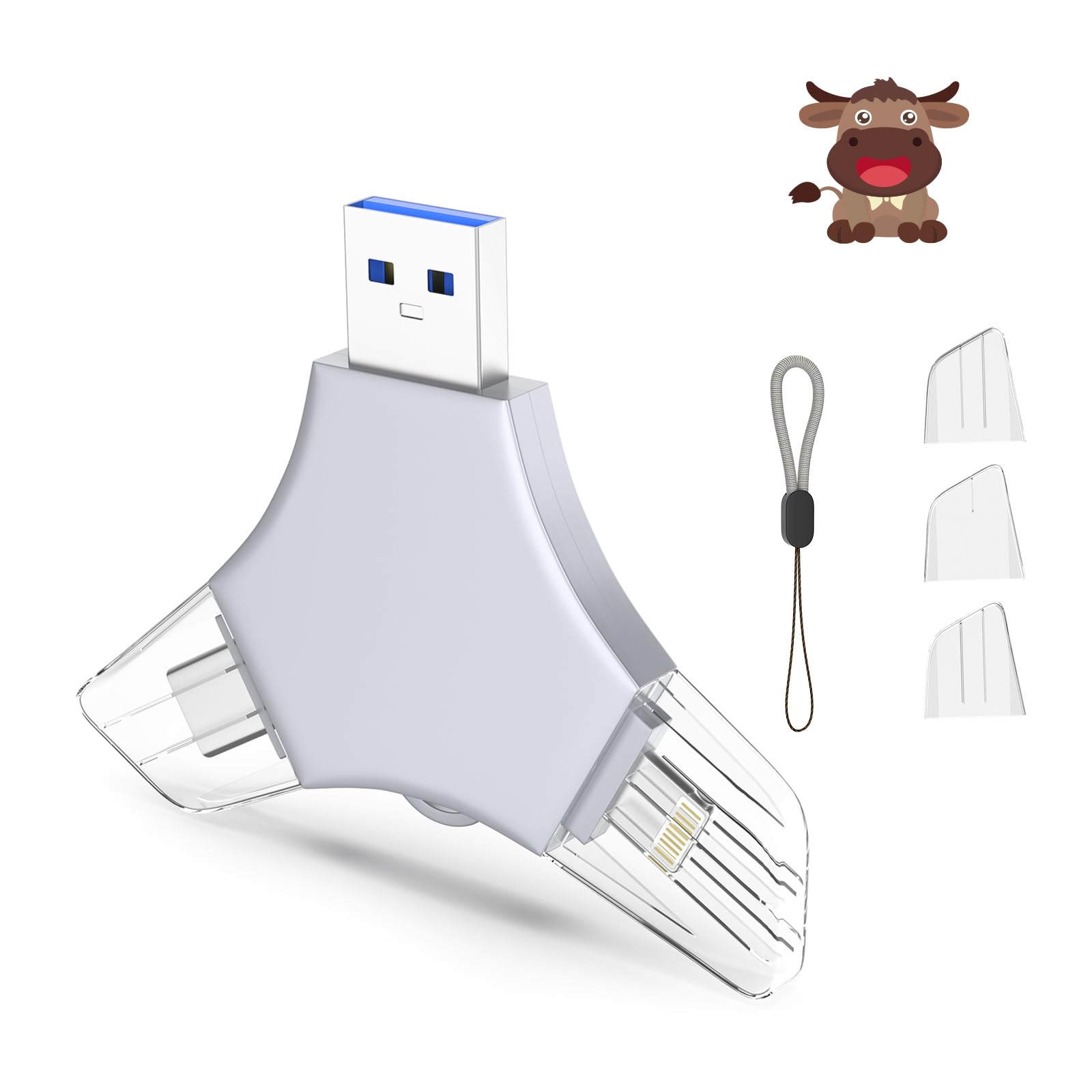 USB 3.0 Flash Drive 64gb for iPhone, 3in1 External Memory Picture Keeper Storage Stick for Photo/Video/Data Saver/Backup, V10.77High Speed Thumb Drives for iPhone/iPad/Android/PC - Dull