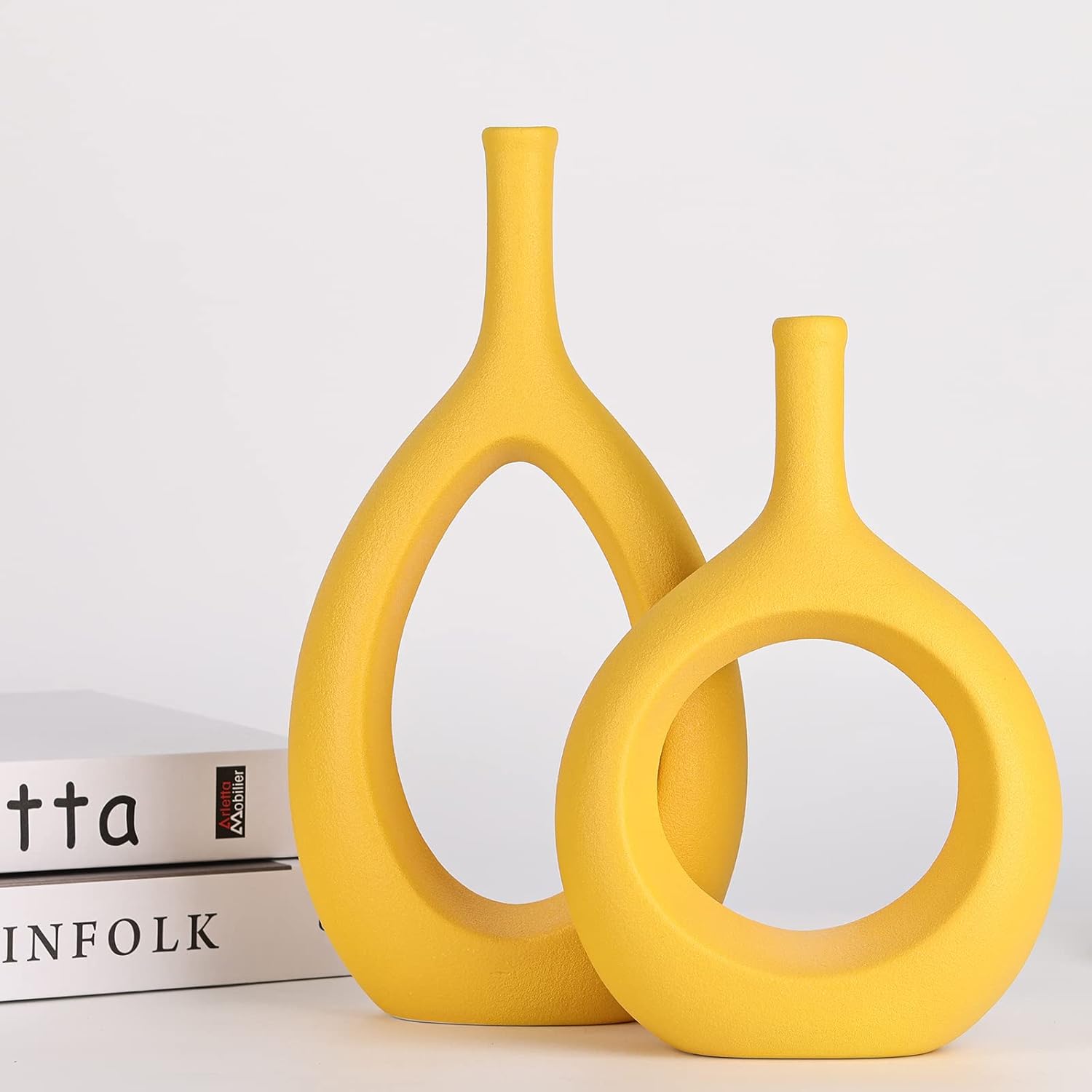 Yellow Ceramic Hollow Elliptical Vase Set of 2 - Boho Circle Vase with Hole, for Modern Yellow Table Decor, Living Room Decor Shelf mid Century Modern Home Entrance Decorative vase image 5 of 14 B0BNX2CWW8