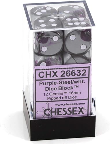 Miniatura 3 de DND - Juego de dados Chessex D&D de 0.630 in, juego de dados poliédricos de plástico Géminis, color morado, acero y blanco, dados de mazmorras y