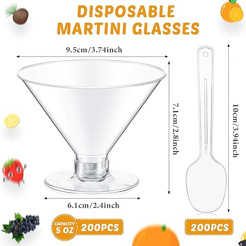 Miniatura 2 de Yinkin 200 tazas y 200 cucharas, vasos de Martini de plástico, vasos de cóctel desechables, mini vasos de plástico para martini, postre de PVC,