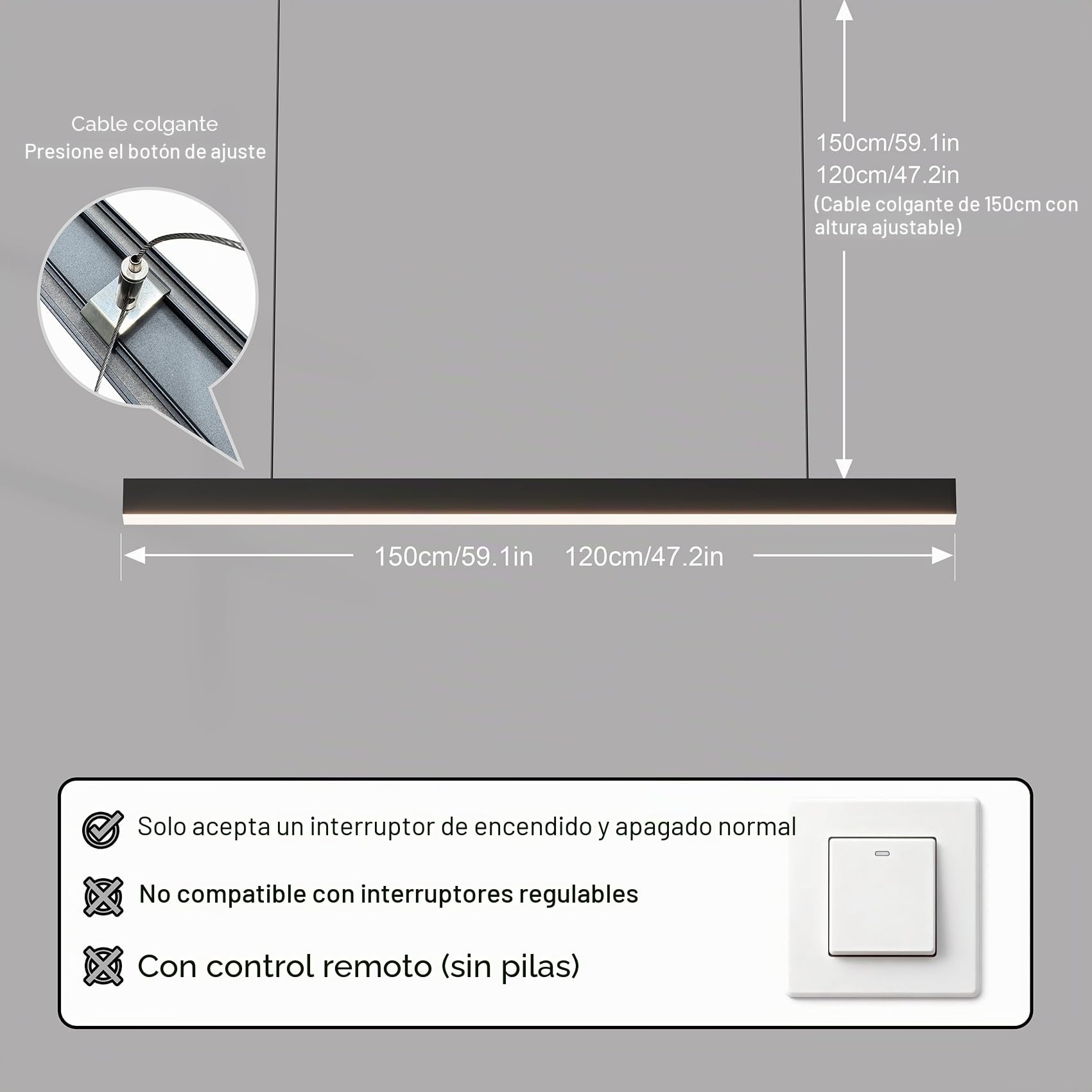 Lámpara LED Lineal Colgante Moderna, 150cm (60W) / 120cm (36W), Luz de Techo para Oficina y Comedor, Iluminación Profesional (Negra,1500mm,5700K)