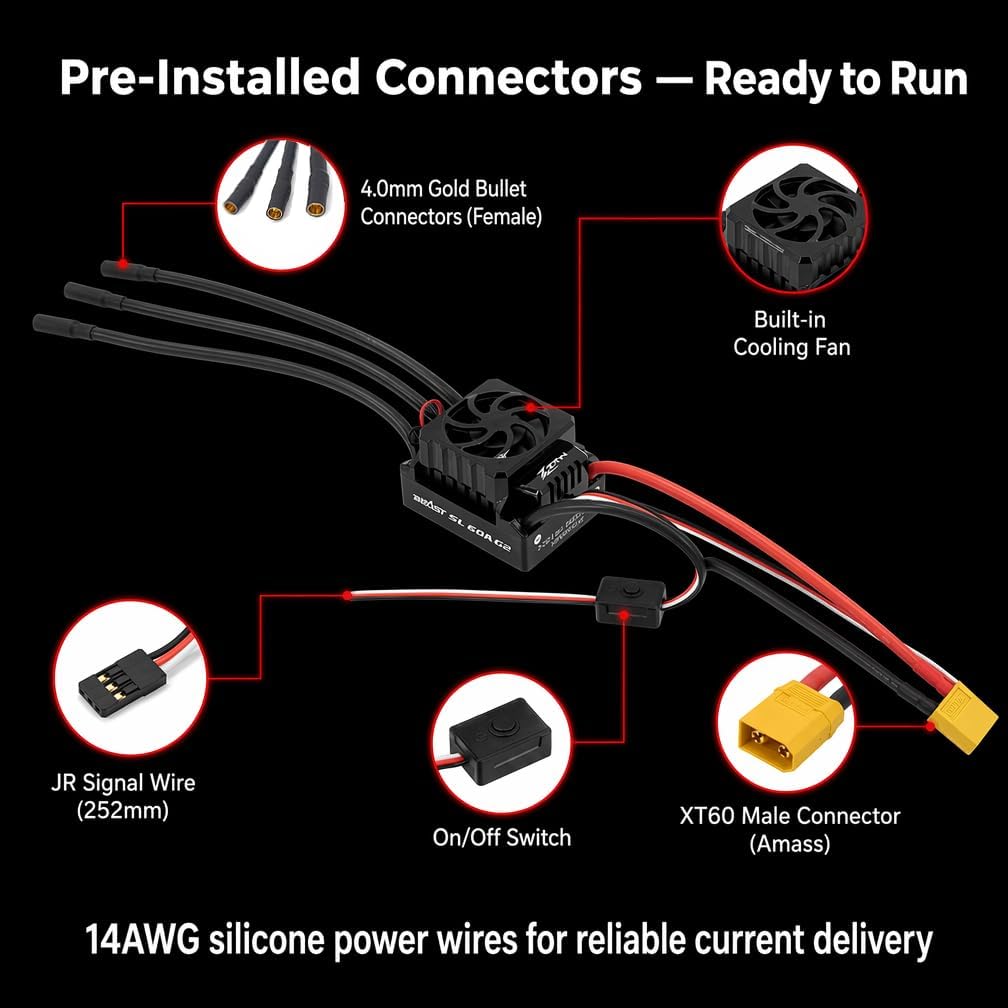 ZTW Beast G2 SL 60A ESC 2-3S Sensorless Brushless Speed Controller 6V/3A SBEC for 1/10 RC Car RTR Truck Buggy Truggy