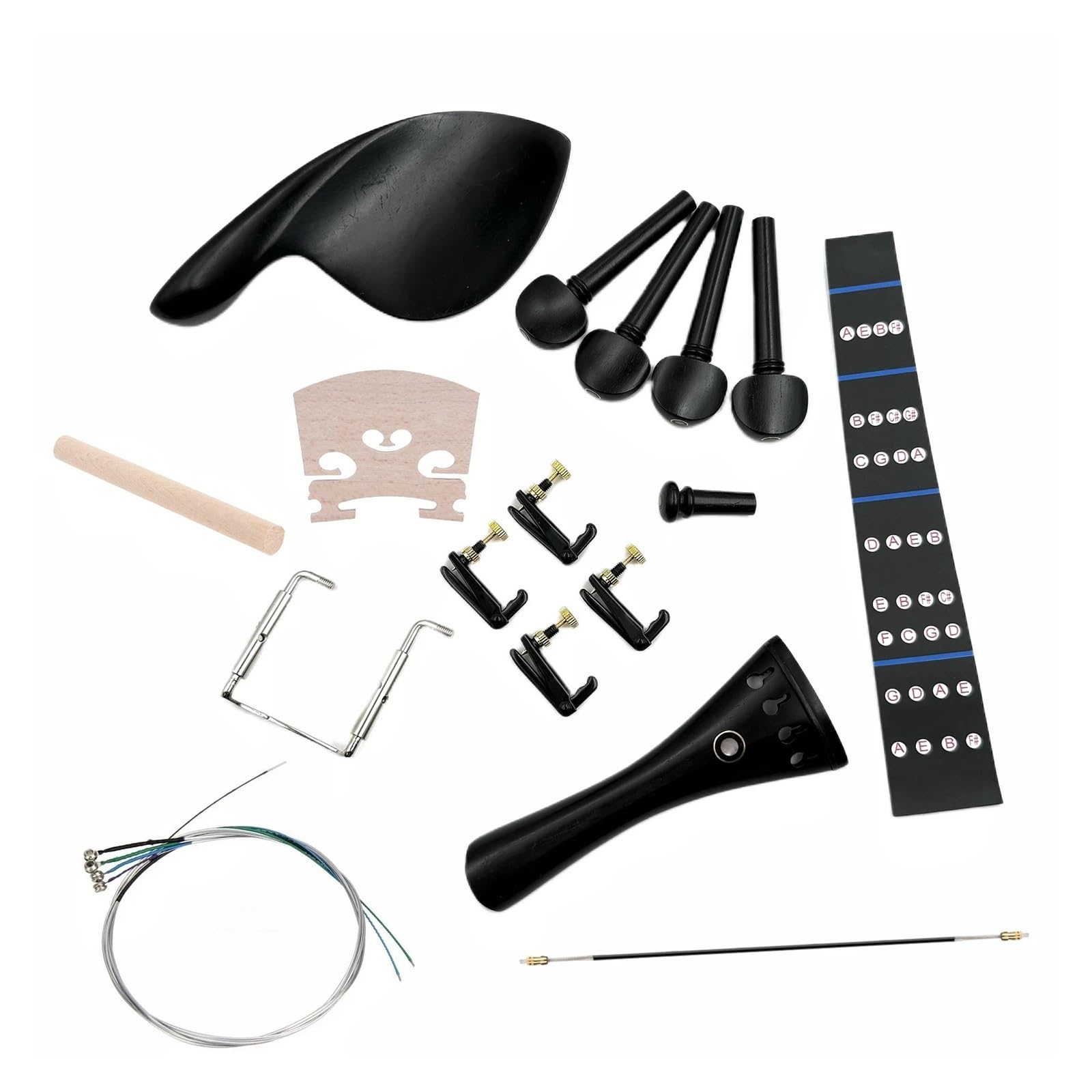 Mentonnière pour violon Kit de pièces violon 3/4 4/4 en ébène, cordier, cheville, repose-menton, autocollant touche, pont, poste sonore(1-4)
