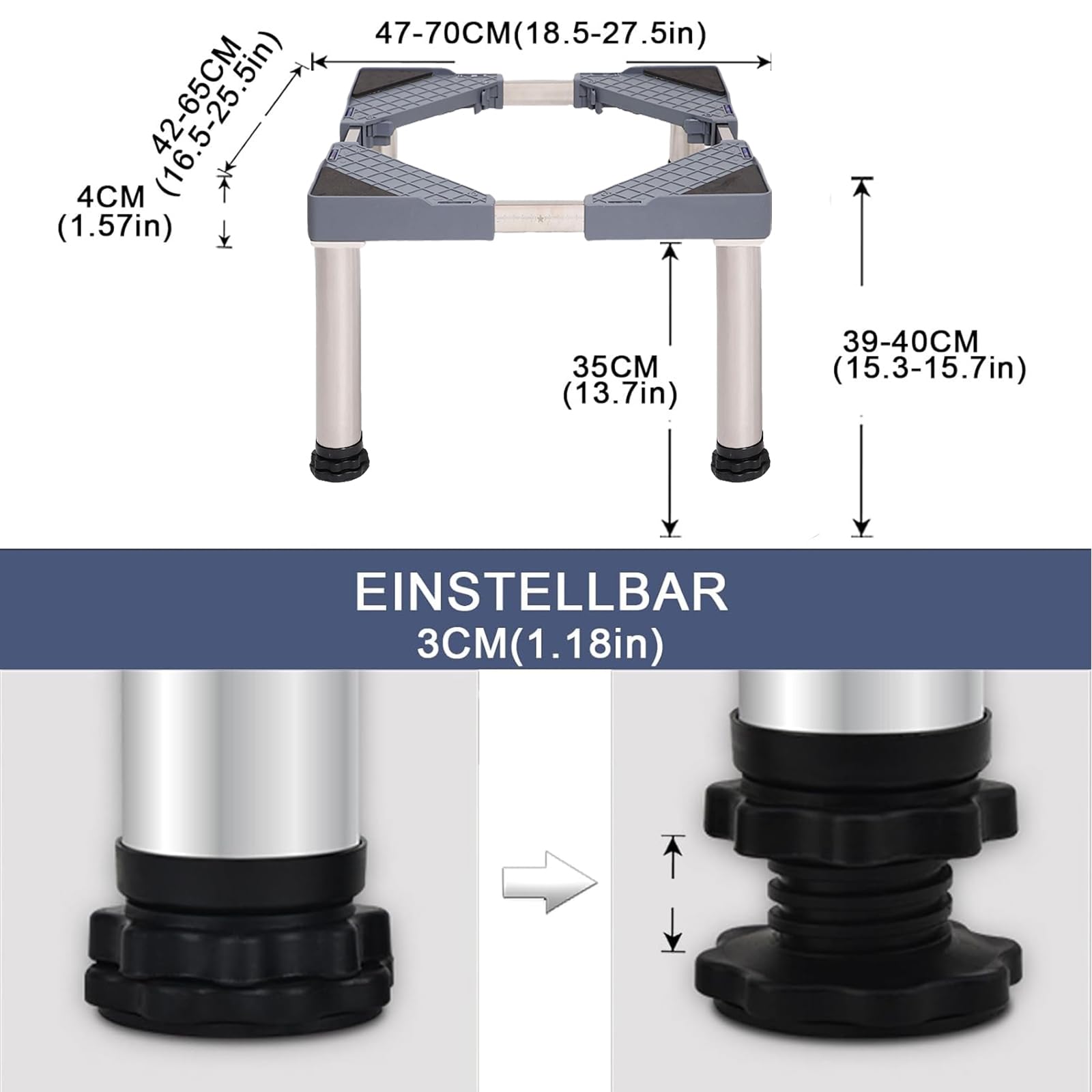 Kühlschrank Untergestell 40cm, Verstellbarer Sockel 4cm Platte Grau | 4cm dicke das Grundgestell, Höhenverstellbar 39-41cm, für Kühlschrank Spülmaschine, Stabile Konstruktion, Einfache Montage