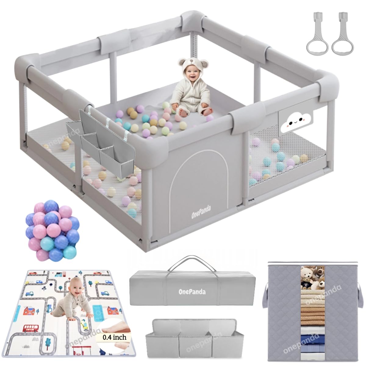 Large Baby Playpen with Mat, 50"x50" with Thickened Anti-Collision Sponge for Babies and Toddlers, with Ocean Balls, Gate, Storage Bag, Playard Gym for Babies, Activity Center, Kids Fence Light Gray 50x50 Inch